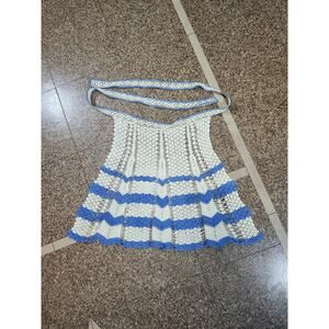Vintage Child-Size Hand Crocheted Half Apron Beige Blue Prairie Farmgirl Cottage